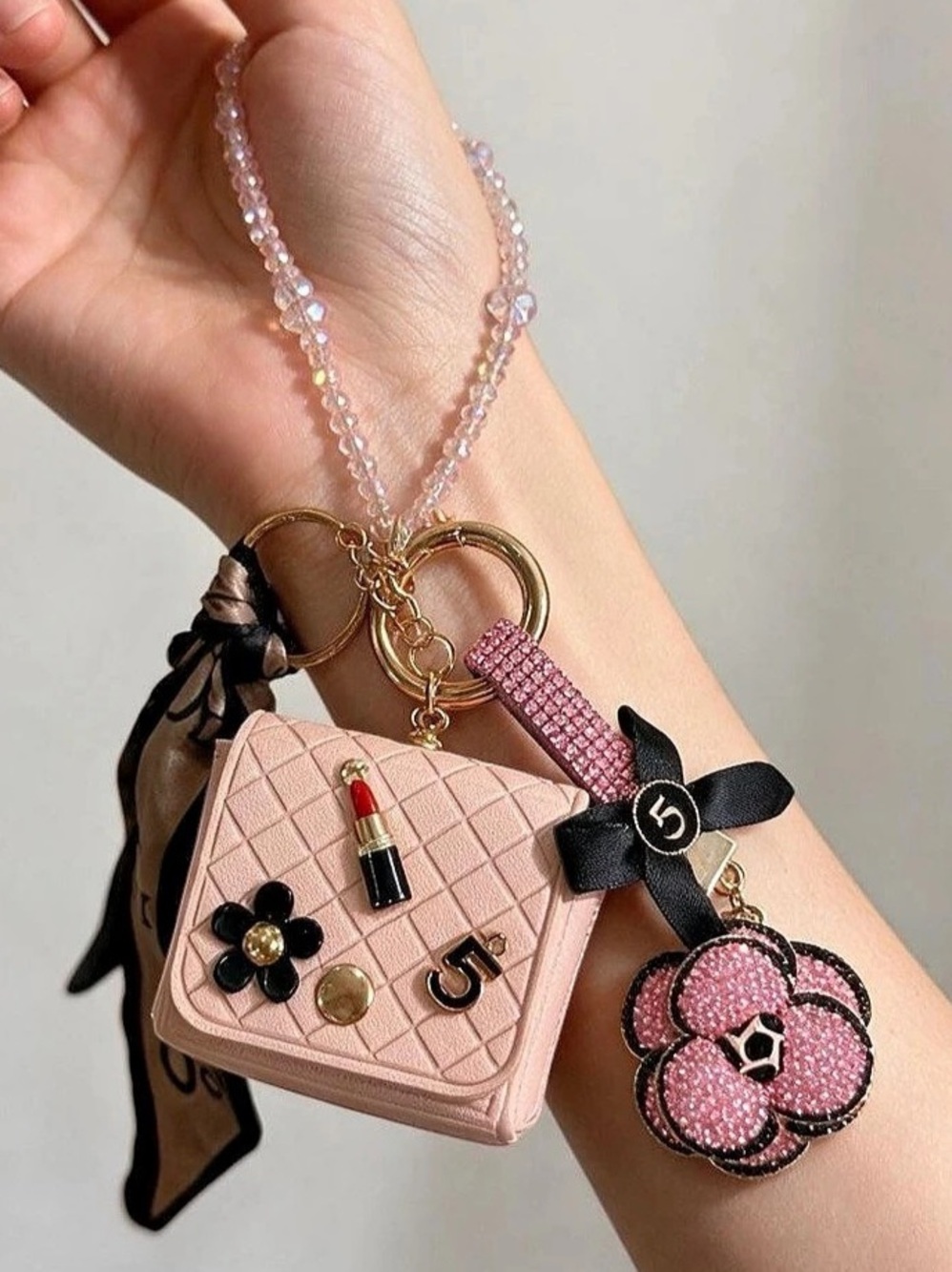 Blush Pink AirPod Holder Keychain • Beaded Wristlet & Sparkling Flower Charms